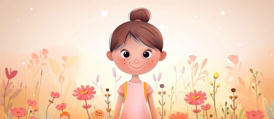 Wall Mural - Girl surrounded by colorful flowers in a meadow, with a busy bee flying nearby