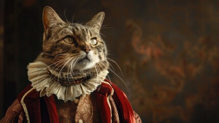  A cat dressed in a red and gold costume. Perfect for pet fashion concepts