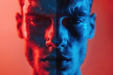 Aufkleber - Close up of a man's face against red and blue backdrop. Ideal for business or technology concepts