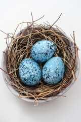 Poster - Three blue speckled eggs in a nest. Suitable for Easter or spring-themed designs