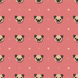 Seamless pattern with pug dogs. Cute background with pug heads. Pattern for packing of gifts, tiles fabric backgrounds. Sample for the website. Vector illustration on pink