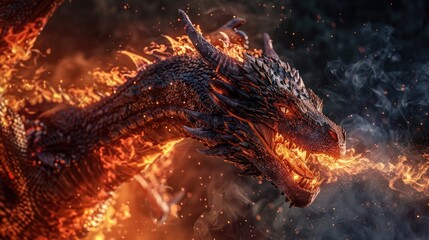 Poster - A powerful dragon breathing fire, suitable for fantasy themes