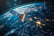 telecom communication satellite orbiting around the earth with futuristic technology datum hologram information for online and internet connection and gps space orbit services.