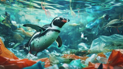 Poster - A penguin swimming in an aquarium filled with garbage. Suitable for environmental and pollution concepts