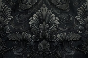 Wall Mural - A dynamic 3D baroque damask pattern on a black backdrop, perfect for adding depth to luxury interiors, exclusive packaging, or bold graphic designs.