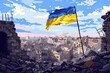 An impactful illustration of a flag waving over a ruined cityscape speaks to the resilience amidst destruction. Suitable for discussions on recovery, conflict aftermath, and the enduring spirit of nat