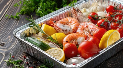 Poster - A tray of shrimp, tomatoes, lemons, and herbs. Perfect for seafood lovers and restaurants