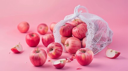 Wall Mural - red and pink apples spilling out of a white mesh bag onto a pink background. Some apples are whole, while others are sliced