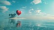 A heart-shaped balloon gracefully floats on top of a body of water, creating a striking contrast against the reflective surface. The balloons vibrant red color stands out against the calm blue water.