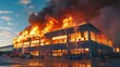  Industrial building ablaze with intense flames and thick smoke