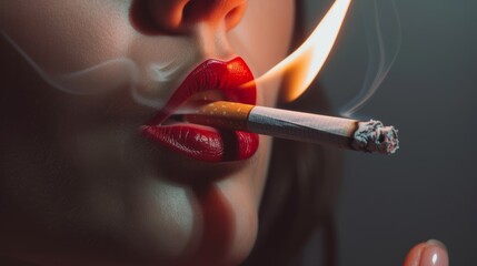 Wall Mural - Close up of a burning hundred dollar bill held in female's beautiful fingers lighting the tip of a cigarette in her perfect lips 