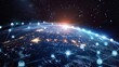 Internet social network icons on detailed view of Earth from space with a vast network of interconnected lines that crisscross the globe. These lines represent the complex web of internet and social