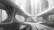 A grayscale illustration of futuristic architecture and urban infrastructure, capturing the imagination with its innovative design