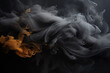 The black smoke billows and swirls in a chaotic dance within the dark haze on black background