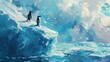 Two penguins are standing on an iceberg, their black and white bodies contrasting the icy surroundings. Both birds appear alert and poised, seemingly observing their surroundings.