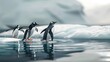A group of penguins is standing on top of a body of water. The penguins are balancing themselves as they overlook the water below, with some appearing to be in motion.