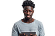 © somsuda - Studio portrait company business worker smart young African American man with serious face holding tablet, isolated on transparent png background.
