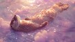 A curious otter floating on its back among pastel clouds reaching for stars that shimmer in soft hues