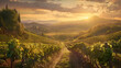 As the sun descends beyond hills adorned with rows of luscious grapes, a golden hue envelops the vineyard's winding path.