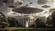 UFO above White House in Washington, DC, with multiple aliens flying in the sky above it. The architecture of the building is prominent, contrasted against the extraterrestrial creatures hovering