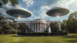 White House in Washington, DC, USA, with two unidentified flying objects UFO hovering in front of it. The scene captures an eerie and mysterious moment as the UFOs seem to interact with the iconic
