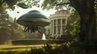 A large unidentified flying object hovers ominously in front of a white house, creating a scene of mystery and intrigue. The white house, located in Washington, DC, USA, stands as a stark contrast to