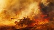 A tank is surrounded by a large fire, emitting smoke and flames. The intense heat and destruction highlight the chaotic scene of war and conflict.
