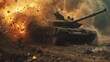 A tank engulfed in flames fires its cannons, unleashing destruction in a gritty war scene. The intense heat and smoke fill the air as the tank rages on.
