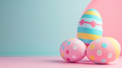 Wall Mural - A group of three colorful easter eggs on a pink and blue background, AI