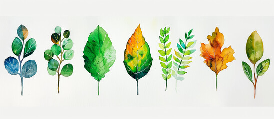 Sticker - watercolor art of various leaves in the white background