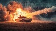 A tank in the midst of intense battle, spewing fire from its cannon. Flames engulf the vehicle, creating a terrifying scene of warfare and destruction.