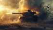 A tank on the battlefield releasing thick black smoke, likely due to engine malfunction or enemy attack. The scene is tense as the tank continues its mission amidst the chaos of war.