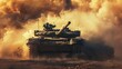 A powerful tank is releasing a massive plume of smoke as it unleashes its firepower in the heat of battle. The scene is intense and filled with the urgency of war.