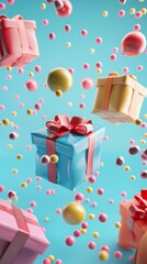 Poster - Birthday presents wrapped in bright colors 3D style isolated flying objects memphis style 3D render  AI generated illustration