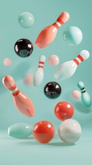 Fototapete - Bowling pins and balls suspended in mid-air 3D style isolated flying objects memphis style 3D render   AI generated illustration