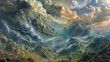 Surreal 3D landscape with towering mountains and swirling clouds