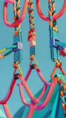 Poster - Bungee jumping ropes and harnesses in a geometric pattern 3D style isolated flying objects memphis style 3D render   AI generated illustration