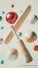 Fototapete - Cricket bats and balls in a futuristic style 3D style isolated flying objects memphis style 3D render  AI generated illustration