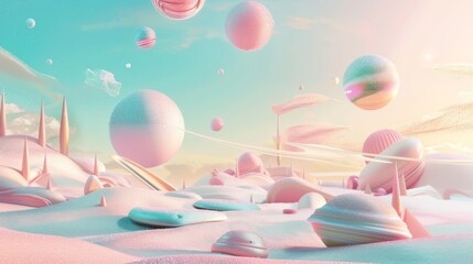 Poster - Dreamy and surreal floating elements in a digital landscape 3D style isolated flying objects memphis style 3D render   AI generated illustration