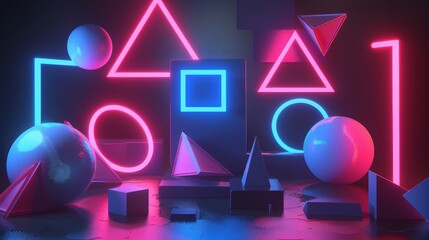 Poster - Dynamic 3D shapes illuminated by neon brilliance 3D style isolated flying objects memphis style 3D render   AI generated illustration