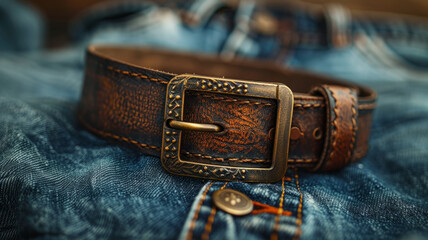 Close-up of a leather belt on denim fabric.