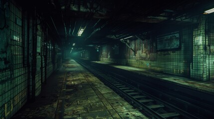 Wall Mural - Abandoned subway station engulfed in shadows and darkness