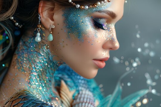 Mermaid makeup, sea themed creative makeup in blue shades, beautiful woman's face