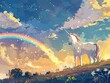 A fantasy illustration of a unicorn under a sparkling rainbow in the sky