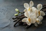 Fototapeta Sport - Essence of Elegance: Vanilla Orchids and Beans. Concept Vanilla Orchids, Vanilla Beans, Elegance, Aromatic Flora