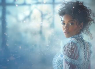pretty young black woman in a blue fantasy dress. hair pulled up. retro vintage historical romance f