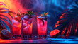 set of summer cocktails standing on the stage, cold drinks, blue and red concept 