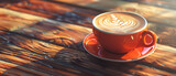 Vibrant 3D vector art of a cup of cappuccino, artistic leaf design in foam, rustic wooden table,