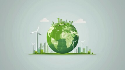 Green environment, green earth with windmills and city buildings, world  earth day and sustainable development banner