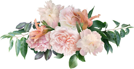 Wall Mural - Pink roses, peony and lily isolated on a transparent background. Png file.  Floral arrangement, bouquet of garden flowers. Can be used for invitations, greeting, wedding card.